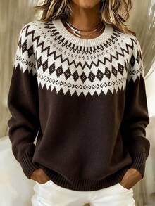 SHEIN Women Autumn Crew Neck Fair Isle Geometric Pattern Knit Sweater Long Sleeve Pullover Vacation Everyday White And Brown Casual Boho - Brown - View 7