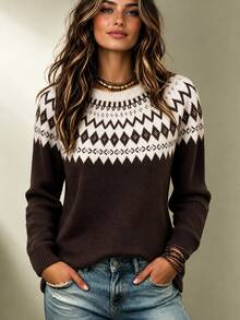 SHEIN Women Autumn Crew Neck Fair Isle Geometric Pattern Knit Sweater Long Sleeve Pullover Vacation Everyday White And Brown Casual Boho - Brown - View 3