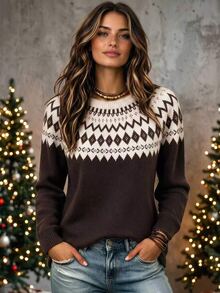 SHEIN Women Autumn Crew Neck Fair Isle Geometric Pattern Knit Sweater Long Sleeve Pullover Vacation Everyday White And Brown Casual Boho - Brown - View 1
