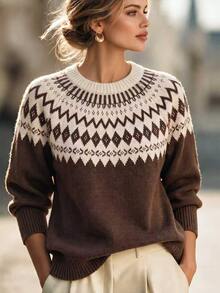 SHEIN Women Autumn Crew Neck Fair Isle Geometric Pattern Knit Sweater Long Sleeve Pullover Vacation Everyday White And Brown Casual Boho - Brown - View 8