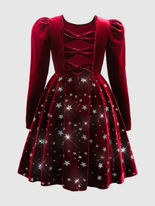 SHEIN Tween Girl's Elegant Christmas Pentagram Sequin Velvet Dress,Burgundy Autumn Party Open Back Bow Decor Ruffle Hem Long Sleeve New Year Occasion - Burgundy - View 4