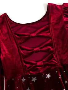 SHEIN Tween Girl's Elegant Christmas Pentagram Sequin Velvet Dress,Burgundy Autumn Party Open Back Bow Decor Ruffle Hem Long Sleeve New Year Occasion - Burgundy - View 5