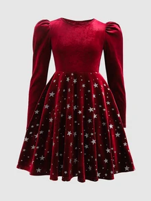 SHEIN Tween Girl's Elegant Christmas Pentagram Sequin Velvet Dress,Burgundy Autumn Party Open Back Bow Decor Ruffle Hem Long Sleeve New Year Occasion - Burgundy - View 2