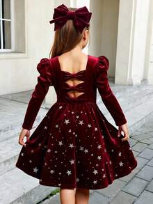 SHEIN Tween Girl's Elegant Christmas Pentagram Sequin Velvet Dress,Burgundy Autumn Party Open Back Bow Decor Ruffle Hem Long Sleeve New Year Occasion - Burgundy - View 3