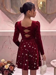 SHEIN Tween Girl's Elegant Christmas Pentagram Sequin Velvet Dress,Burgundy Autumn Party Open Back Bow Decor Ruffle Hem Long Sleeve New Year Occasion - Burgundy - View 1
