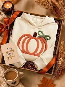 SHEIN Tween Girls Faux Embroidery Pumpkin Print Sweatshirt, Fall Style, Casual Tropical Matching Cute, Back To School, Korean Halloween Thanksgiving Beige - Apricot - View 1