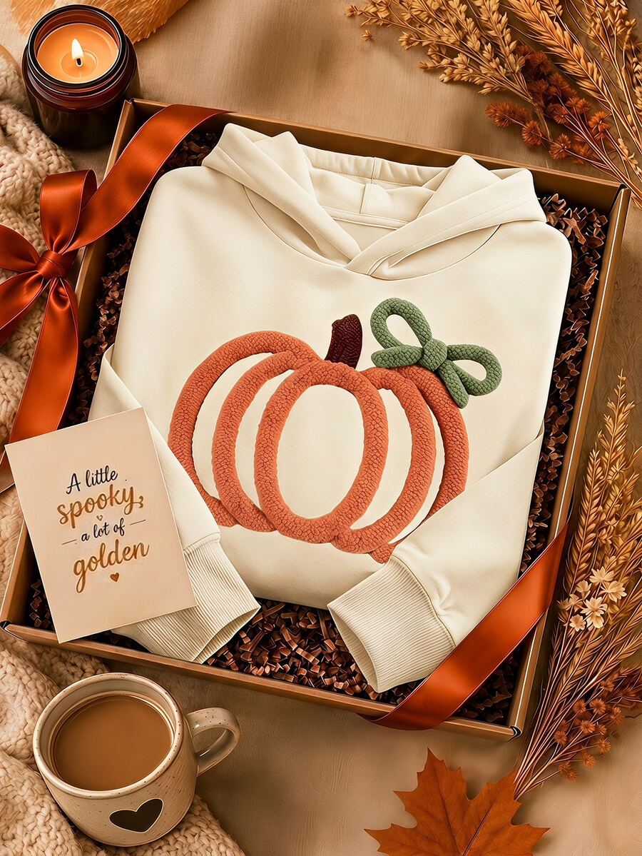 SHEIN Tween Girls Faux Embroidery Pumpkin Print Sweatshirt, Fall Style, Casual Tropical Matching Cute, Back To School, Korean Halloween Thanksgiving Beige - Apricot - View 1
