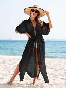 SHEIN Swim Summer Beach Women's Solid Color Sheer Mesh Tie Waist Kimono - Black - View 4
