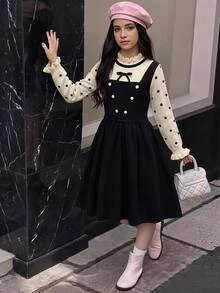 SHEIN 少女女孩時尚優雅波點拼色針織洋裝 - 黑色 - 查看 4