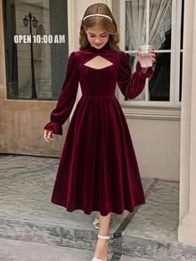SHEIN 青少年女孩天鵝絨簡約保暖內裡加厚秋冬節日聖誕派對洋裝 - 酒紅色 - 查看 7
