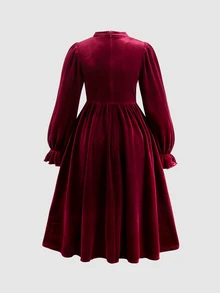 SHEIN 青少年女孩天鵝絨簡約保暖內裡加厚秋冬節日聖誕派對洋裝 - 酒紅色 - 查看 4