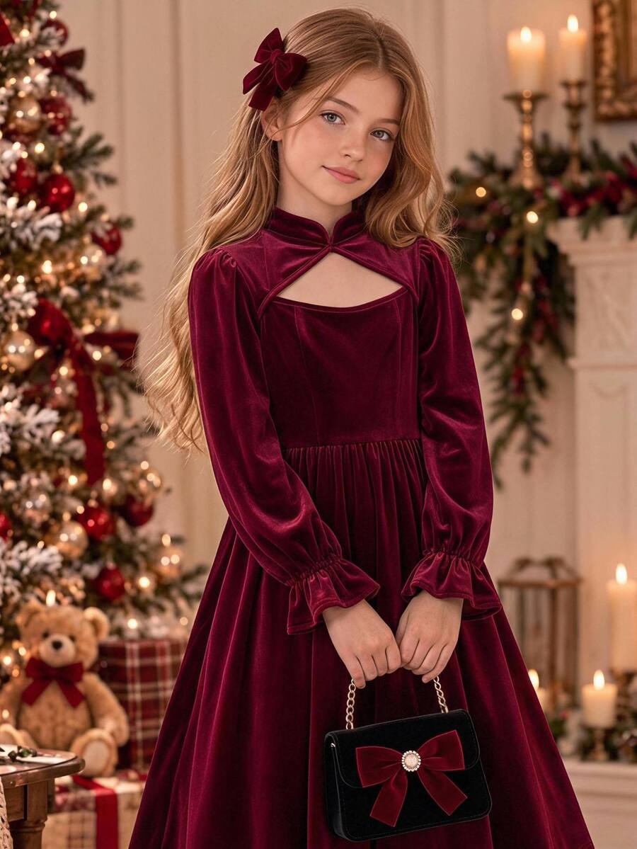 SHEIN 青少年女孩天鵝絨簡約保暖內裡加厚秋冬節日聖誕派對洋裝 - 酒紅色 - 查看 1