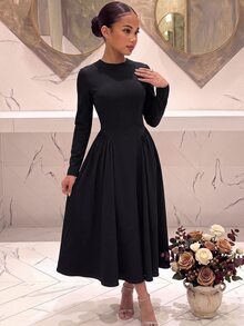 SHEIN Pitira 青少年女孩優雅純黑色長袖中長針織洋裝，適合秋季、返校穿著、萬聖節、假期與節慶 - 黑色 - 查看 3
