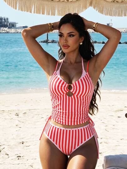 Swim SXY Women's Pink Polka Dot Striped Vintage Tank Bikini, Holiday, Party, Beach Vacation Knit Fabric Beach Pool Swimwear