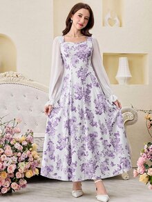SHEIN Pitira 青少年女孩編織花卉圖案拼接雪紡長袖休閒洋裝 - 紫色 - 查看 3