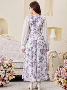SHEIN Pitira 青少年女孩編織花卉圖案拼接雪紡長袖休閒洋裝 - 紫色 - 查看 2
