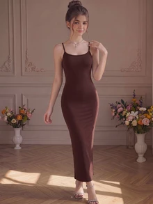 SHEIN Pitira Teen Girl Teen Girls Coffee Brown Solid Color Slim Fit Elegant Spaghetti Strap Summer Midi Dress - Coffee Brown - View 3