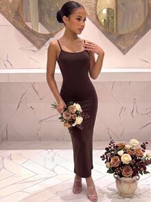 SHEIN Pitira Teen Girl Teen Girls Coffee Brown Solid Color Slim Fit Elegant Spaghetti Strap Summer Midi Dress - Coffee Brown - View 1