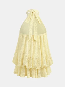 SHEIN Pitira Đầm ren vàng cổ yếm cho bé gái tuổi teen, có nơ sau lưng, phù hợp cho lễ tốt nghiệp, dạ tiệc và mặc mùa hè - Màu vàng - Xem 2