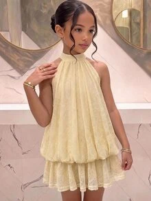 SHEIN Pitira Đầm ren vàng cổ yếm cho bé gái tuổi teen, có nơ sau lưng, phù hợp cho lễ tốt nghiệp, dạ tiệc và mặc mùa hè - Màu vàng - Xem 1