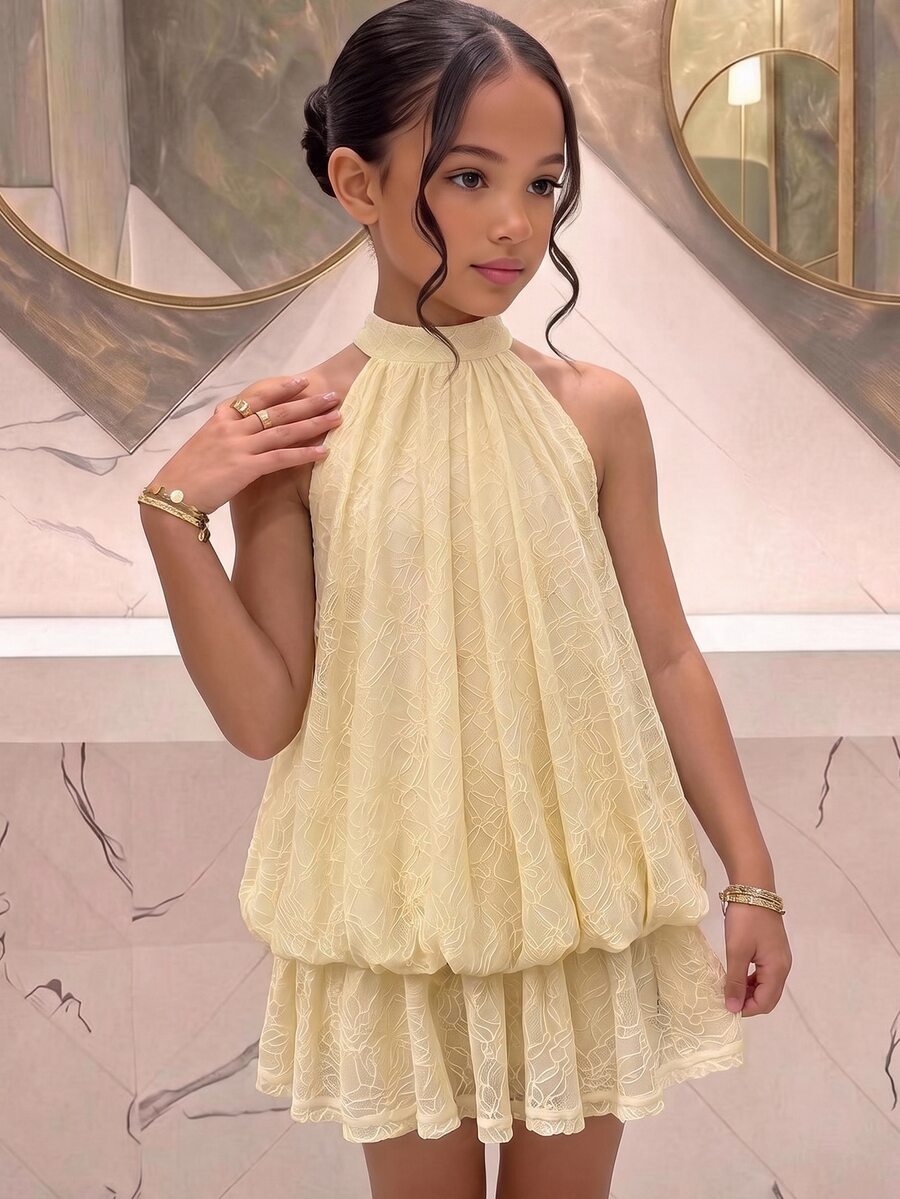 SHEIN Pitira Đầm ren vàng cổ yếm cho bé gái tuổi teen, có nơ sau lưng, phù hợp cho lễ tốt nghiệp, dạ tiệc và mặc mùa hè - Màu vàng - Xem 1