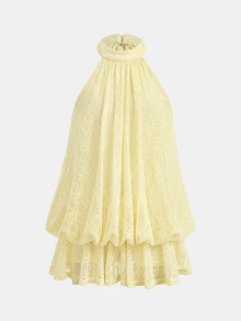 SHEIN Pitira Đầm ren vàng cổ yếm cho bé gái tuổi teen, có nơ sau lưng, phù hợp cho lễ tốt nghiệp, dạ tiệc và mặc mùa hè - Màu vàng - Xem 5
