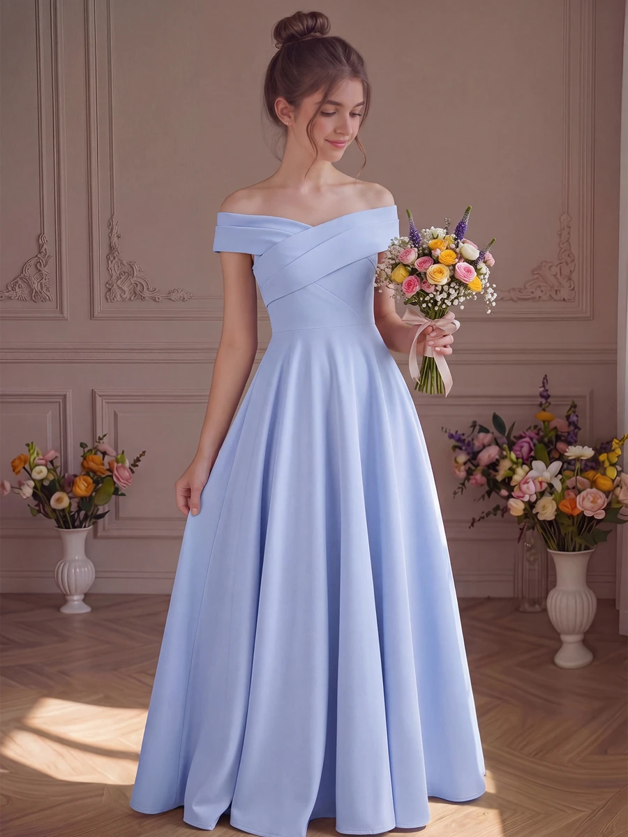 Pitira Kids Teen Girls Elegant Long Knitted Light Blue Solid Color Off-Shoulder Satin Dress, Suitable For Evening Gowns And Graduation Ceremonies - Baby Blue - View 1