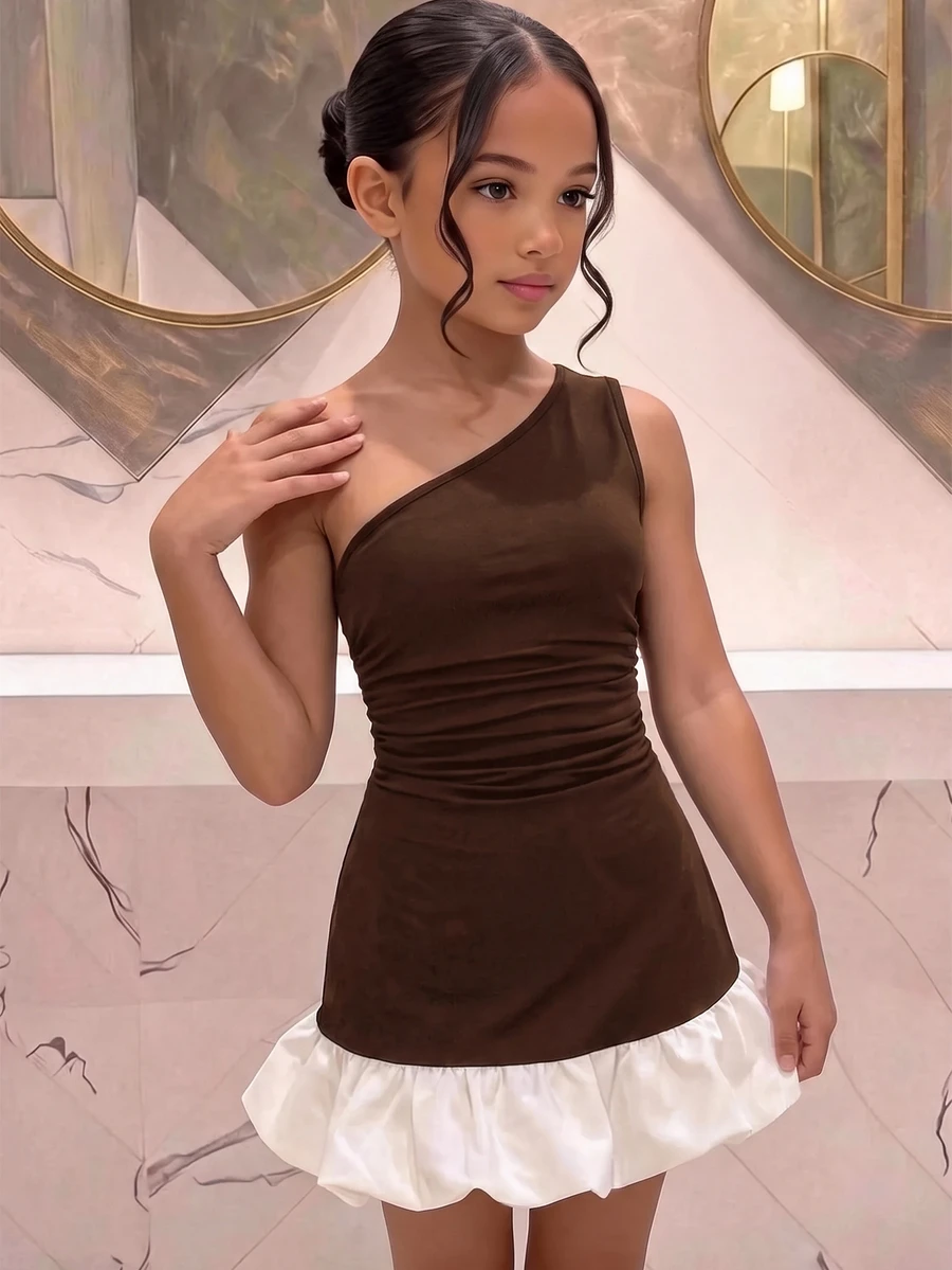 Pitira 少女優雅派對黑白拼色單肩泡泡下擺迷你洋裝 - 咖啡 - 查看 1