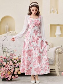 SHEIN Pitira Teen Girl Woven Floral Print Patchwork Chiffon Long Sleeve Casual Dress - Pink - View 4