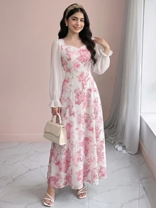 SHEIN Pitira Teen Girl Woven Floral Print Patchwork Chiffon Long Sleeve Casual Dress - Pink - View 1