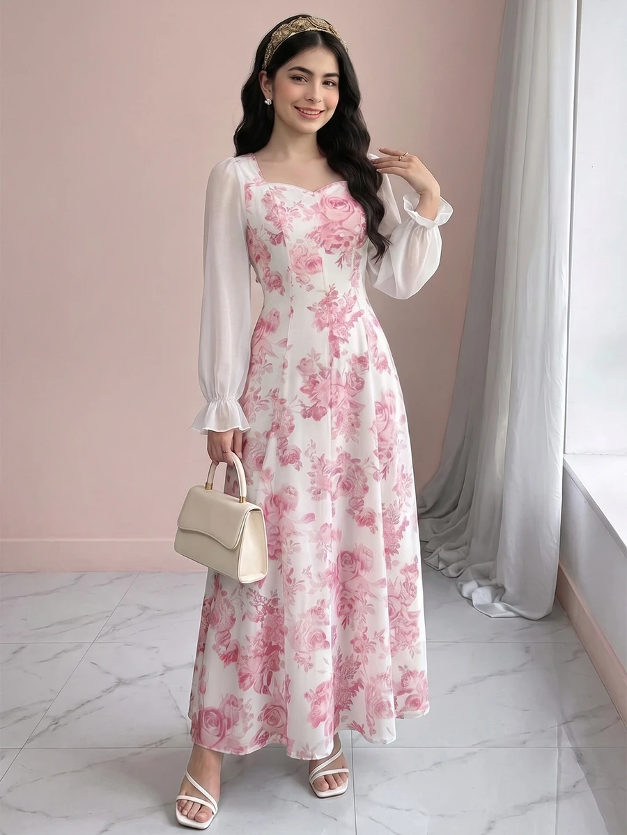 SHEIN Pitira Teen Girl Woven Floral Print Patchwork Chiffon Long Sleeve Casual Dress - Pink - View 1
