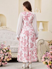 SHEIN Pitira Teen Girl Woven Floral Print Patchwork Chiffon Long Sleeve Casual Dress - Pink - View 2