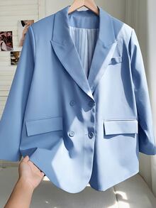 Comfortcana Women Plus Size Casual Smart Elegant Business Commute Double Breasted Blazer Office Fall - Blue - View 3