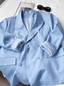 Comfortcana Women Plus Size Casual Smart Elegant Business Commute Double Breasted Blazer Office Fall - Blue - View 4