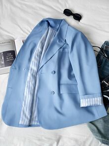 Comfortcana Women Plus Size Casual Smart Elegant Business Commute Double Breasted Blazer Office Fall - Blue - View 1