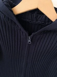 SHEIN Tween Girl Simple Casual All-Match Versatile Zipper Long Sleeve Hooded Knit Cardigan School Off Campus Fall - Navy Blue - View 5