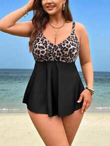 SHEIN Swim 大尺碼女款 2 件套 米色黑色印花細肩帶交叉短版上衣 高腰三角比基尼泳褲 夏季海灘派對優雅風 - 彩色 - 查看 6