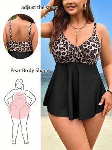 SHEIN Swim 大尺碼女款 2 件套 米色黑色印花細肩帶交叉短版上衣 高腰三角比基尼泳褲 夏季海灘派對優雅風 - 彩色 - 查看 2