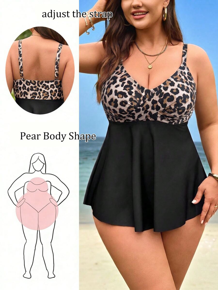 SHEIN Swim 大尺碼女款 2 件套 米色黑色印花細肩帶交叉短版上衣 高腰三角比基尼泳褲 夏季海灘派對優雅風