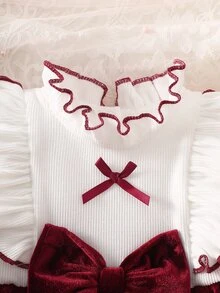 SHEIN 2件組新生女嬰公主風芭蕾裙天鵝絨洋裝，優雅甜美酒紅配色，白色蝴蝶結荷葉邊羅紋長袖，聖誕秋季冬季生日女寶公主裙 - 酒紅色 - 查看 7