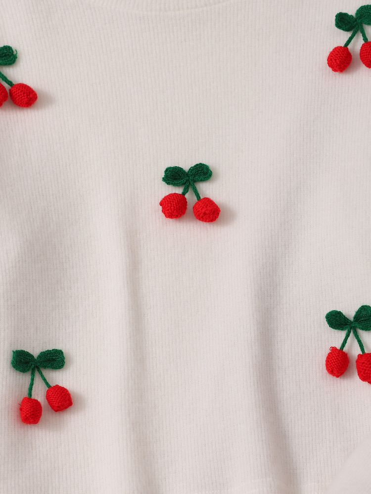 SHEIN Elladie kids Tween Girl Cherry Patch Knit Long Sleeve Top Flared Pants Set, Round Neck Drop Shoulder Sweatshirt Mid Rise Trousers, Casual Cute White Red Fall - Red - View 5