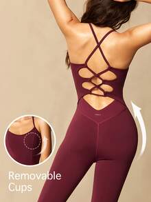 VARSIVA Women's Solid Color Casual Sporty Sexy Modest Athleisure Athletic Daily Wear Sports Activewear Camisole Jumpsuit Workout Gym Fall Burgundy - Burgundy - View 2