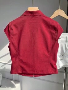Comfortcana 女款夏季時尚雙排扣裝飾修身無袖背心上衣，卡其色休閒優雅 1960 年代復古老錢風，適合外出與辦公室穿著 - 酒紅色 - 查看 2