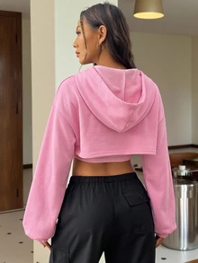 SHEIN EZwear Drop Shoulder Super Crop Drawstring Hoodie & Cami Top In Fall/Winter - Baby Pink - View 2