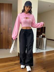 SHEIN EZwear Drop Shoulder Super Crop Drawstring Hoodie & Cami Top In Fall/Winter - Baby Pink - View 5