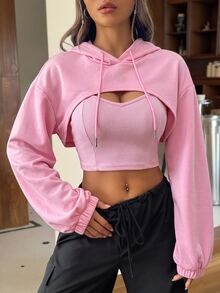 SHEIN EZwear Drop Shoulder Super Crop Drawstring Hoodie & Cami Top In Fall/Winter - Baby Pink - View 6