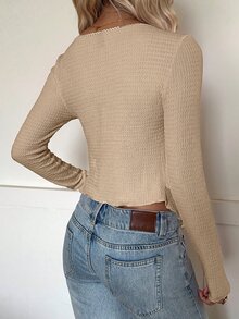 SHEIN EZwear 女款優雅浪漫通勤純色不對稱下擺T恤，秋季米色長袖上衣，適合早午餐、約會之夜 - 卡其色 - 查看 2
