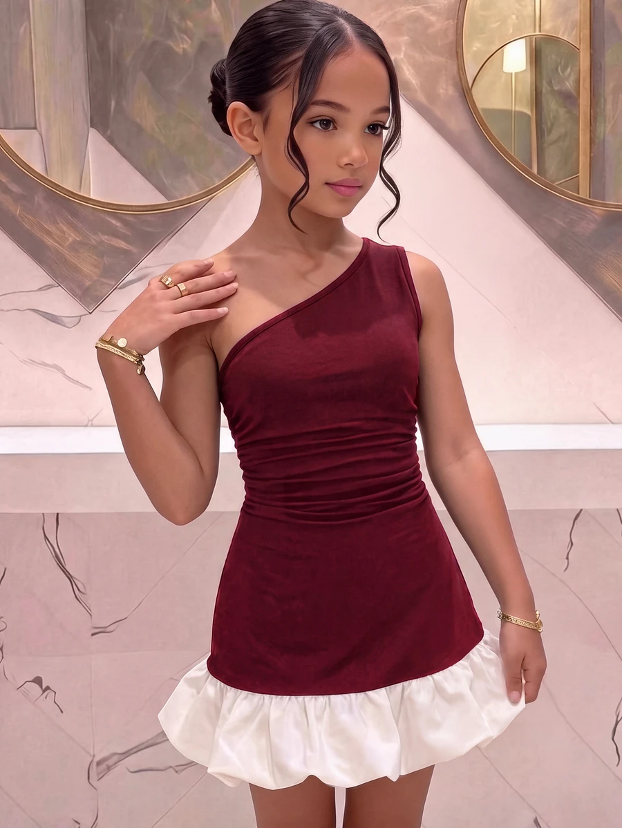 Pitira Gaun Mini Anak Perempuan Elegan untuk Pesta, Warna Hitam & Putih Blok Warna, Satu Bahu, dan Hem Mengembang - Merah - View 1