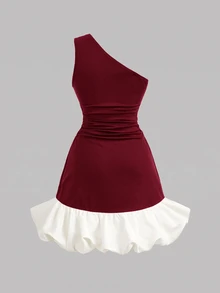 Pitira Gaun Mini Anak Perempuan Elegan untuk Pesta, Warna Hitam & Putih Blok Warna, Satu Bahu, dan Hem Mengembang - Merah - View 2