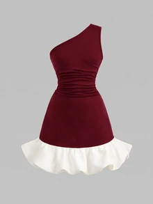 Pitira Gaun Mini Anak Perempuan Elegan untuk Pesta, Warna Hitam & Putih Blok Warna, Satu Bahu, dan Hem Mengembang - Merah - View 3